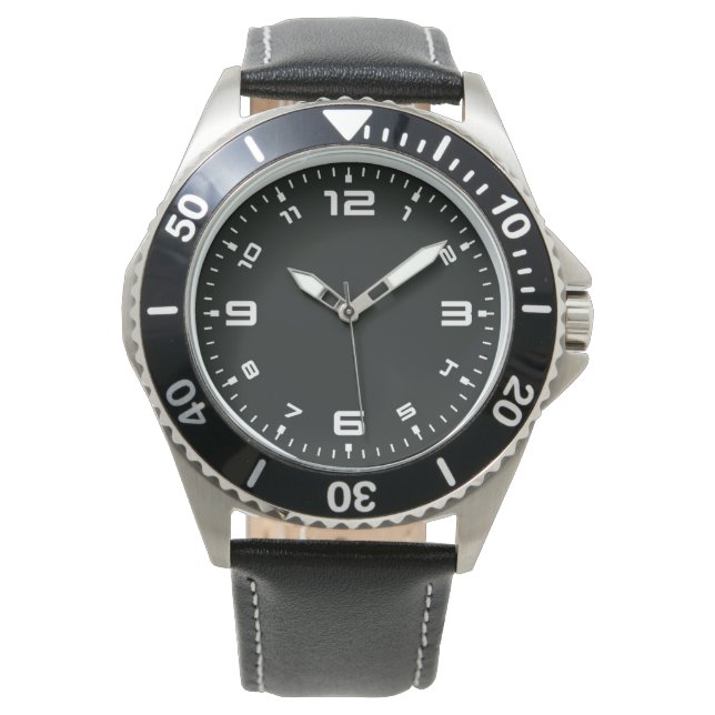 Black Stainless Steel Black Leather Strap Watch Armbanduhr (Vorderseite)