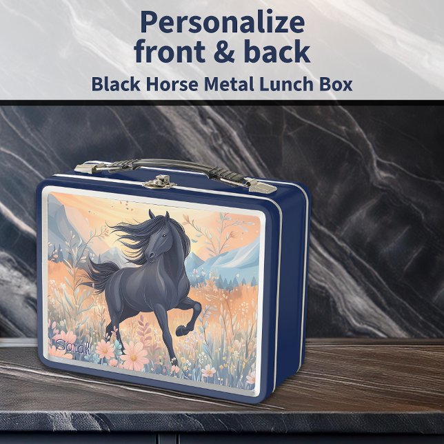 Black Stallion Horse Girls Wildblumen Spaß Metall Brotdose (Black Stallion Horse Girls Vibrant Wildflowers Fun Metal Lunch Box - Personalize Front and Back)