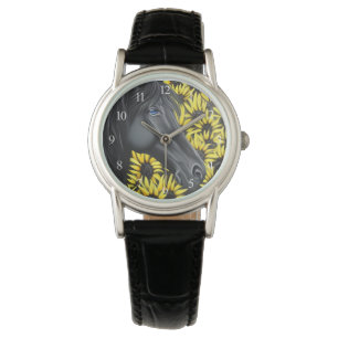 Black Stallion Pferd und Sonnenblumen Armbanduhr