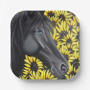 Black Stallion Pferd und Sonnenblumen Pappteller