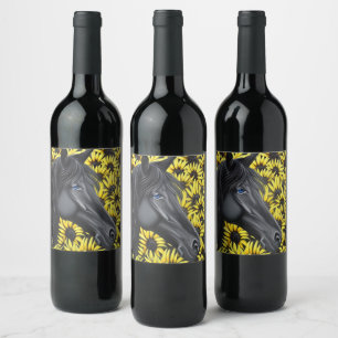 Black Stallion Pferd und Sonnenblumen Weinetikett