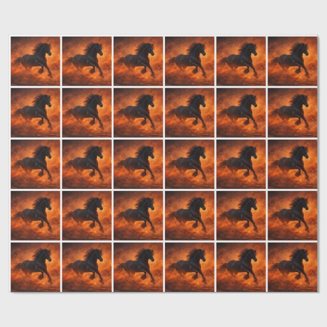 Black Stallion Running Through Orange Mist Geschenkpapier (Flach)