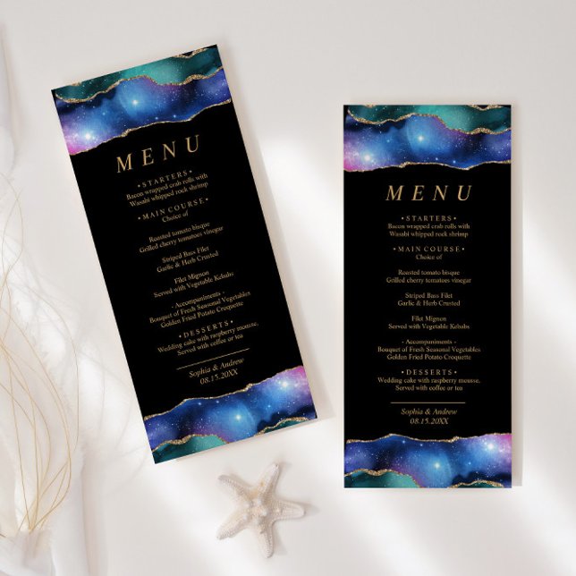 Black & Stars Blue Gold Calligraphy Wedding Menu Menükarte (Von Creator hochgeladen)