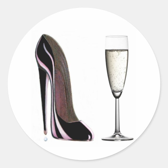 Black Stiletto Shoe and Champagne Glass Runder Aufkleber (Vorderseite)