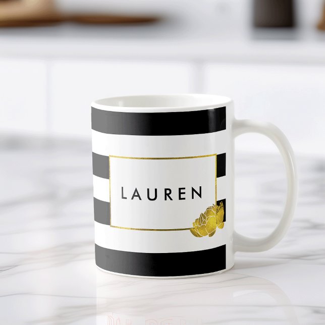 Black Strip & Gold Peony personalisierte Mug Tasse (Von Creator hochgeladen)