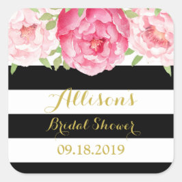 Black Strip Pink Floral Brautparty Gefallen Tag Quadratischer Aufkleber