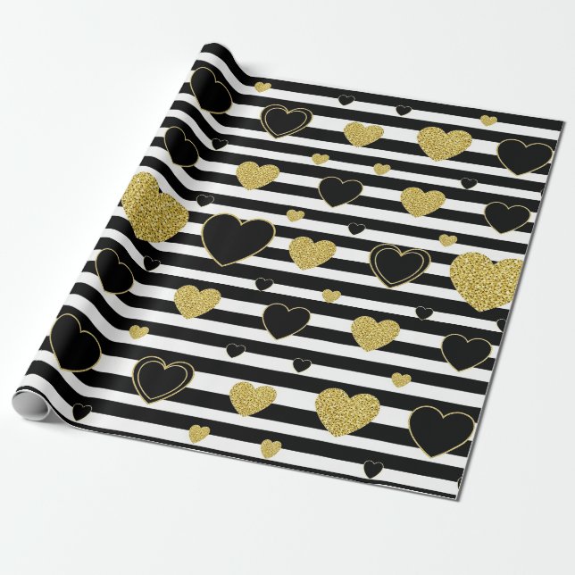 Black Stripe Gold Heart Glam Pattern (7) Geschenkpapier (Ungerollt)