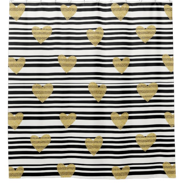 Black Stripe Gold Heart Glam Pattern (8) Duschvorhang (Vorderseite)