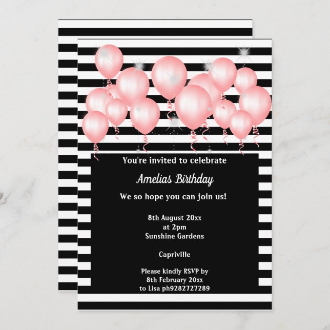 BLACK STRIPE PINK BALLOON BIRTHDAY PARTEI EINLADUNG (Vorne/Hinten)