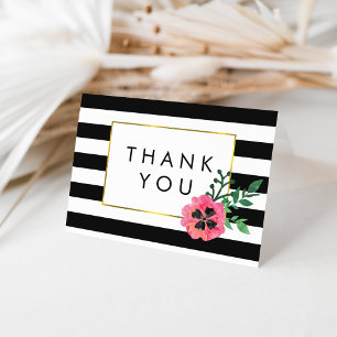 Black Stripe & Pink Floral Thank You Cards Dankeskarte