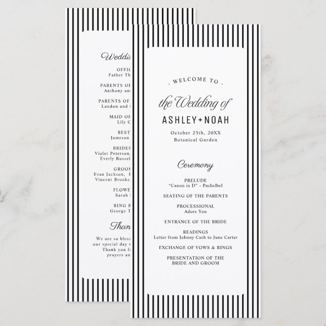 Black Striped Elegance Classy Wedding Program Menükarte (Vorne/Hinten)