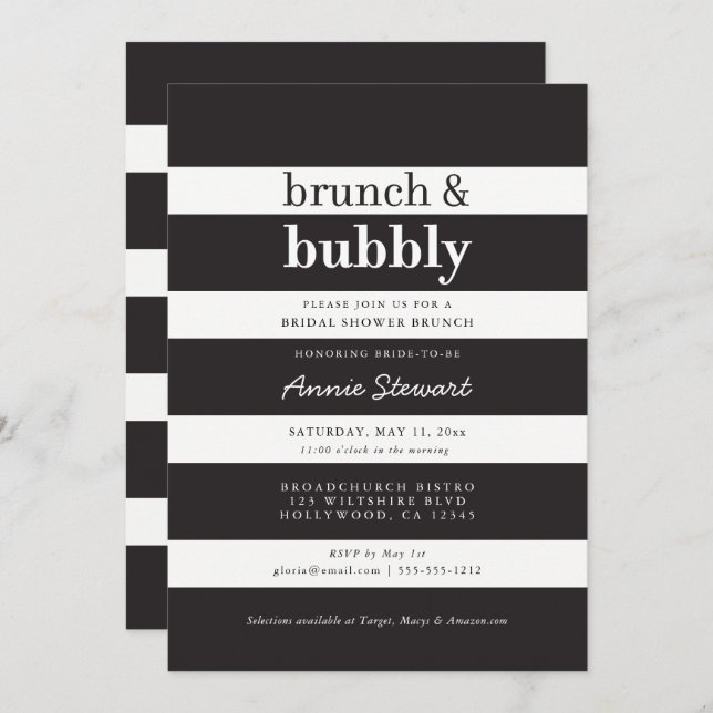 Black Stripes Brunch & Bubbly Brautparty Einladung (Vorne/Hinten)