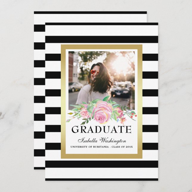 Black Stripes Gold Blumengraduierung Party Foto Einladung (Vorne/Hinten)