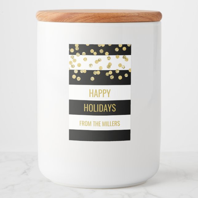 Black Stripes Gold Confetti Custom Christmas Lebensmitteletikett (Vorderseite)