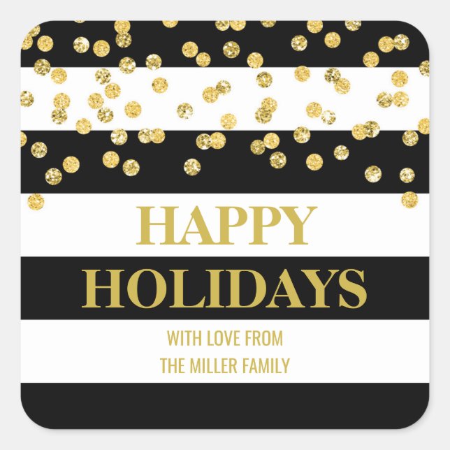 Black Stripes Gold Confetti Happy Holidays Custom Quadratischer Aufkleber (Vorderseite)
