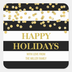 Black Stripes Gold Confetti Happy Holidays Custom Quadratischer Aufkleber
