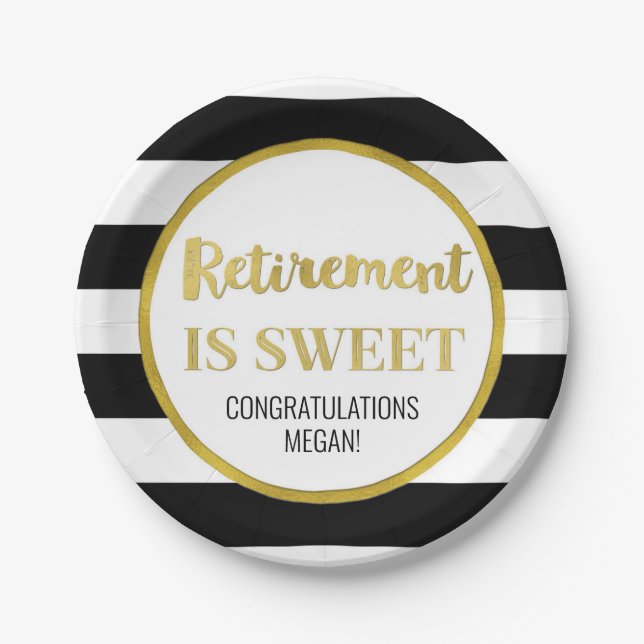 Black Stripes Gold Confetti Retirement ist Sweet Pappteller (Vorderseite)