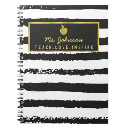 Black Stripes Gold Foil Apfel | Name des Lehrers Notizblock
