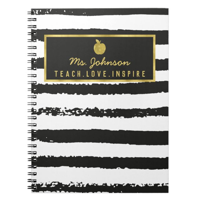 Black Stripes Gold Foil Apfel | Name des Lehrers Notizblock (Vorderseite)