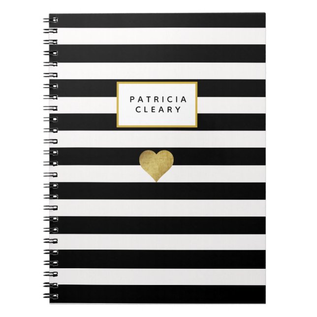 Black Stripes & Metallic Gold Heart Notebook Notizblock (Vorderseite)