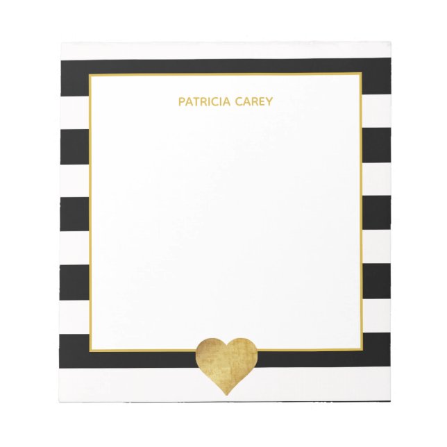 Black Stripes & Metallic Gold Heart Notepad Notizblock (Vorderseite)