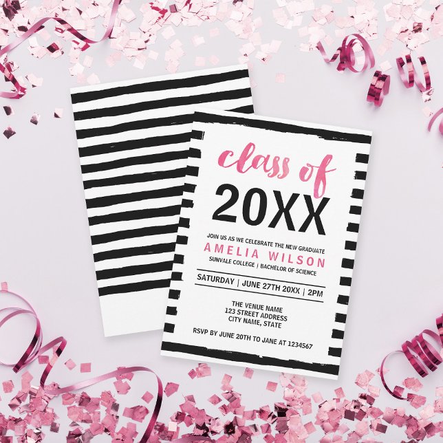 Black Stripes Pink Class of 2023 Graduation Party Einladung (Von Creator hochgeladen)