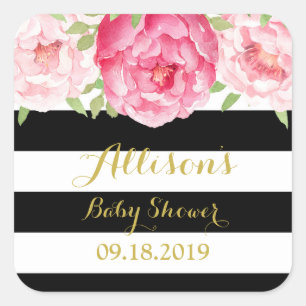 Black Stripes Pink Floral Baby Dusche Gefallen Tag Quadratischer Aufkleber