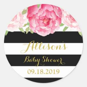Black Stripes Pink Floral Baby Dusche Gefallen Tag Runder Aufkleber