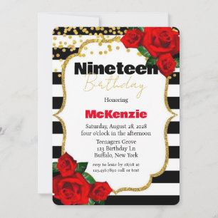 Black Stripes Rote Rose Girl 19. Geburtstagsparty Einladung
