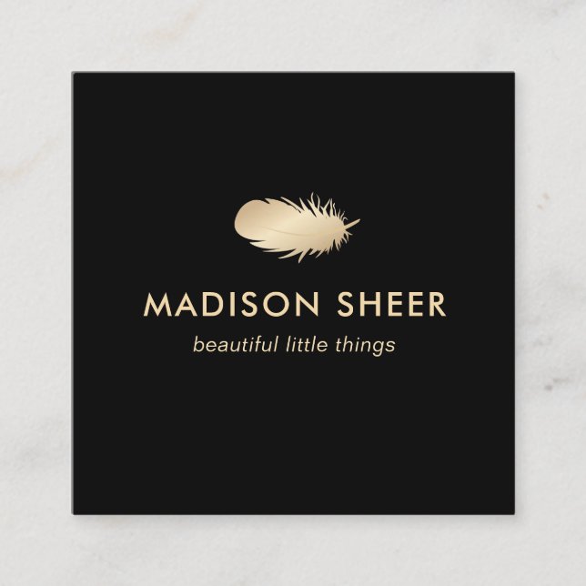 Black Stylish Gold Feather Quadratische Visitenkarte (Vorderseite)