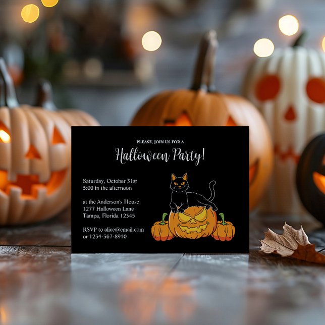 Black Stylish Halloween-Party Cat & Pumpkin Print Einladung (Black Stylish Halloween Party Cat & Pumpkin Print Invitation)