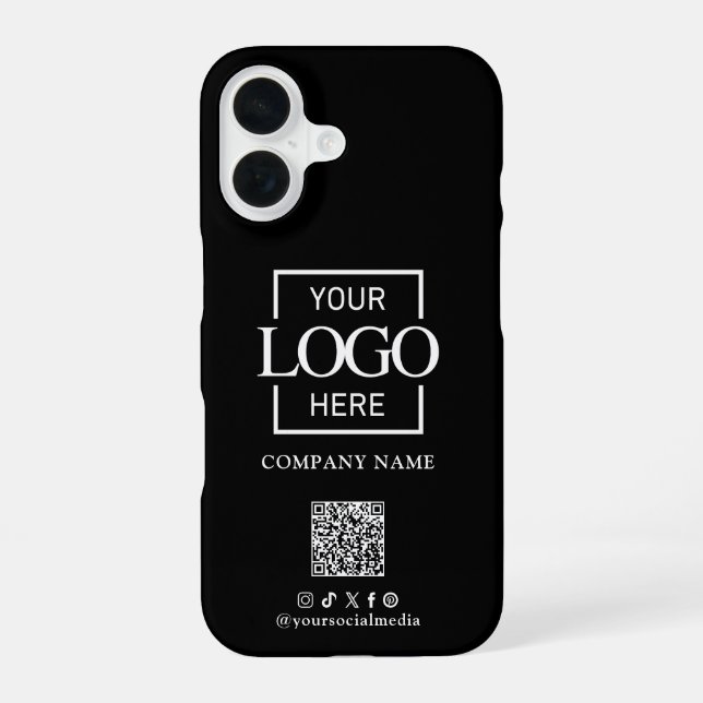 Black Stylish Minimalist Business Logo & QR Code iPhone 16 Hülle (Rückseite)