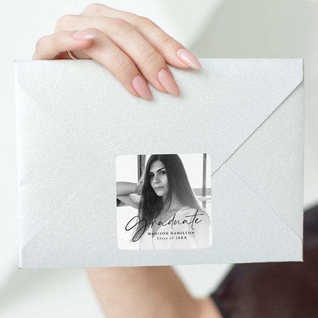 Black Stylish Script Foto Abschluss Quadratischer Aufkleber (Von Creator hochgeladen)