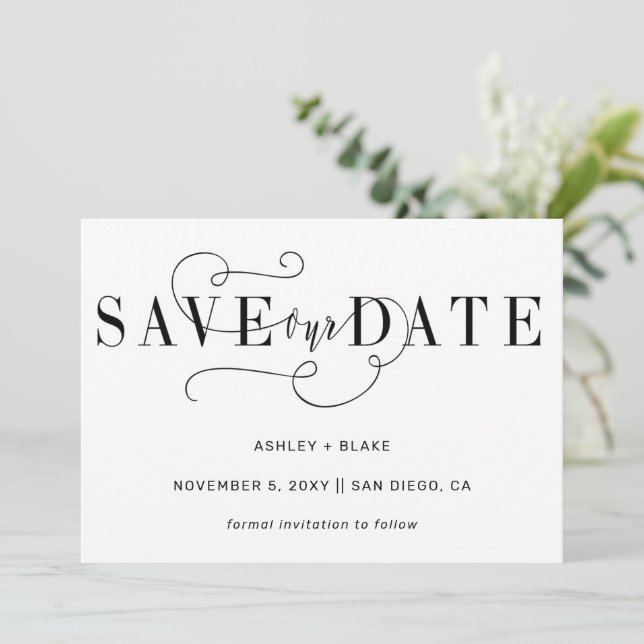 Black Stylish Simple Handwriting Calligraphy Save The Date (Stehend Vorderseite)