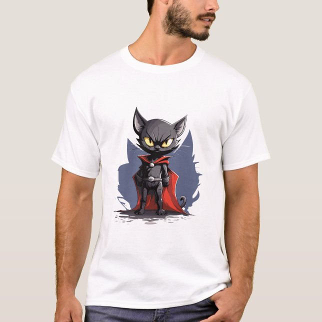 Black Superhero Cat with Red Cape T-Shirt (Vorderseite)