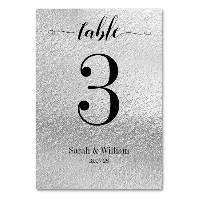 Black Swash Calligraphy Silver Wedding Tischnummer (Vorderseite)