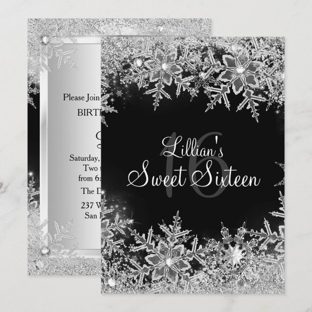 Black Sweet 16 Diamond Snowflake Winterwonderland Einladung (Vorne/Hinten)