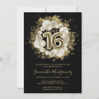 Black Sweet 16 Gold Aquarellballons Einladung