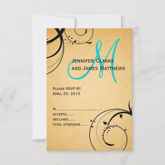 Black Swirl Aqua Monogram Wedding RSVP Karte (Vorderseite)