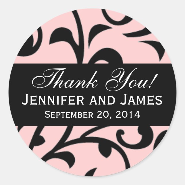 Black Swirl Damask Wedding Danke Labels Pink Runder Aufkleber (Vorderseite)