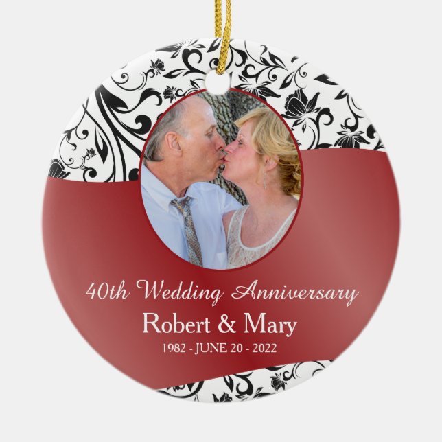 Black Swirl & Red 40th Wedding Anniversary Foto Keramik Ornament (Vorne)