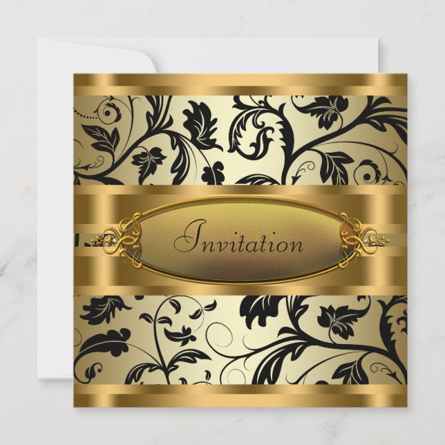 Black Swirl Rines Black Gold Party Einladung (Vorderseite)