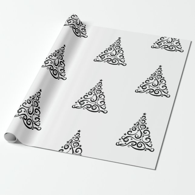 Black Swirls Christmas Trees on White Geschenkpapier (Ungerollt)