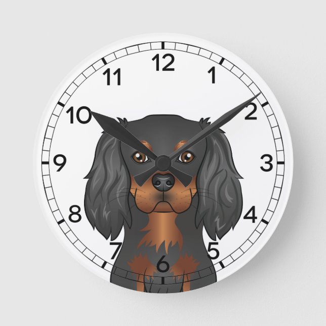 Black & Tan Cavalier King Charles Spaniel Dog Head Runde Wanduhr (Vorderseite)