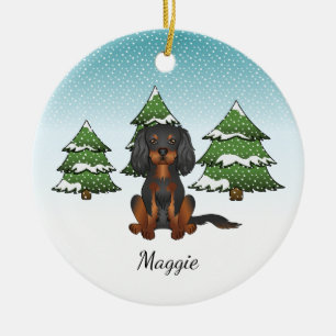 Black Tan Cavalier King Charles Spaniel im Winter Keramik Ornament