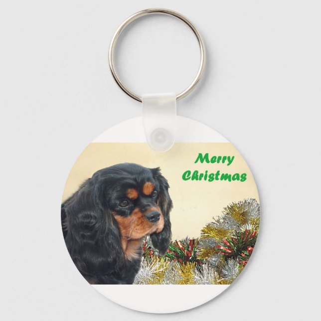 Black & Tan Christmas Cavalier Schlüsselanhänger (Vorderseite)