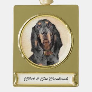 Black & Tan Coonhound Malerei - Original Hunde Kun Banner-Ornament Gold