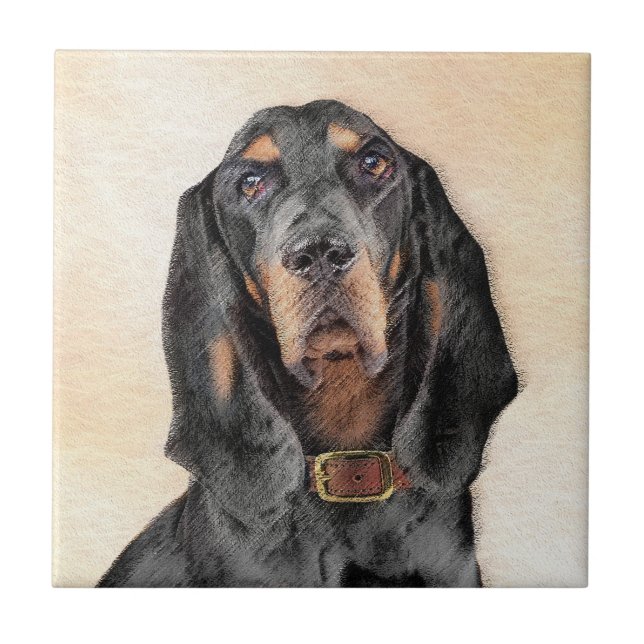 Black & Tan Coonhound Malerei - Original Hunde Kun Fliese (Vorderseite)