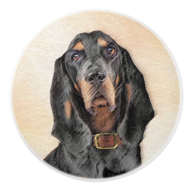 Black & Tan Coonhound Malerei - Original Hunde Kun Keramikknauf (Vorderseite)