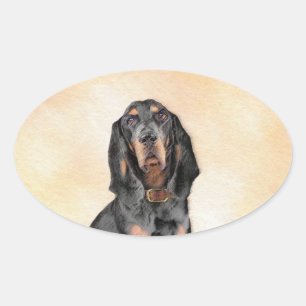 Black & Tan Coonhound Malerei - Original Hunde Kun Ovaler Aufkleber